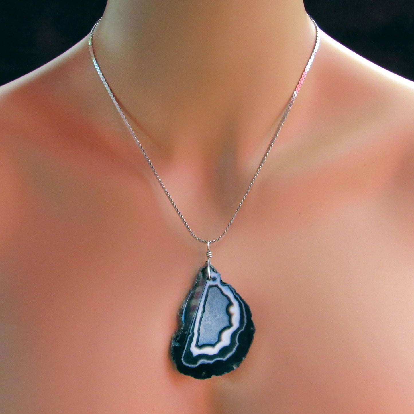 Black Banded Agate gemstone slice on Vintage Silver Chain