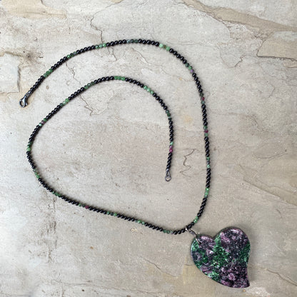 Ruby Zoisite Heart on Onyx beaded necklace