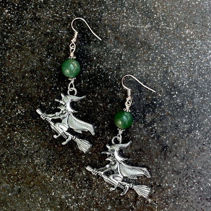 Halloween Witch and Green Aventurine Dangle Earrings