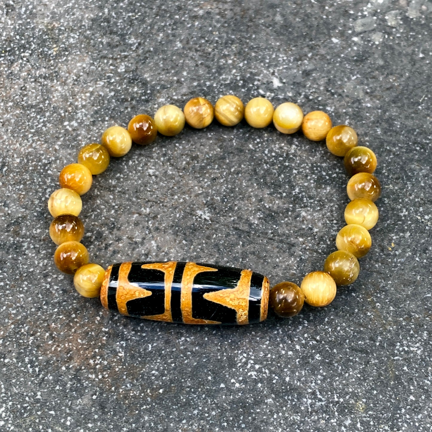 Golden Tiger’s Eye and Tibetan Agate gemstone Beaded Stretch Bracelet