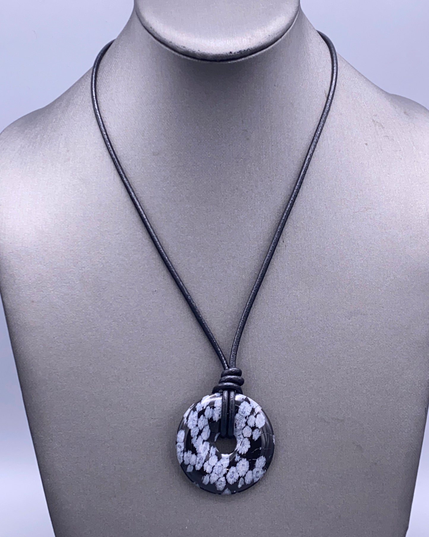Sbowflake Obsidian Gemstone Donut and Leather Necklace