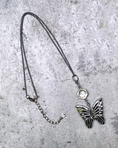 Hematite Butterfly and Quartz gemstone on sterling silver chain necklace