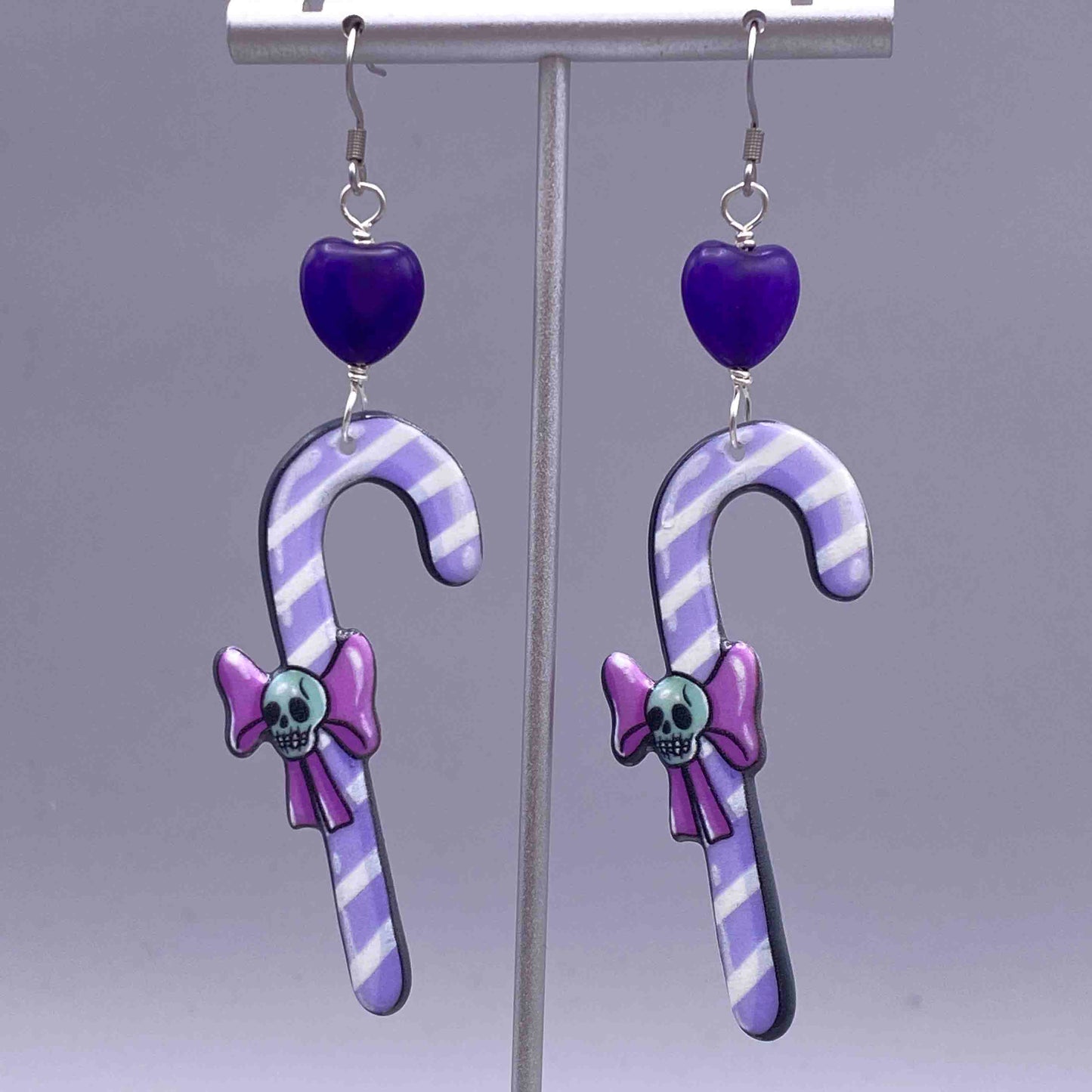 Amethyst heart and Candy dangle cane earrings