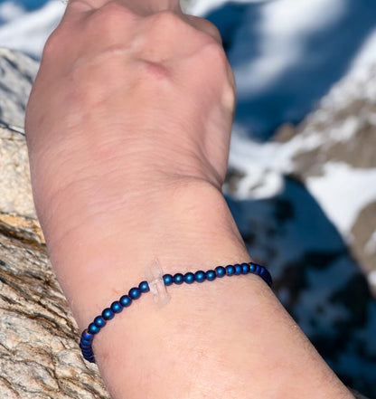 Dainty Blue Hematite and Quartz Beaded Stretch Bracelet