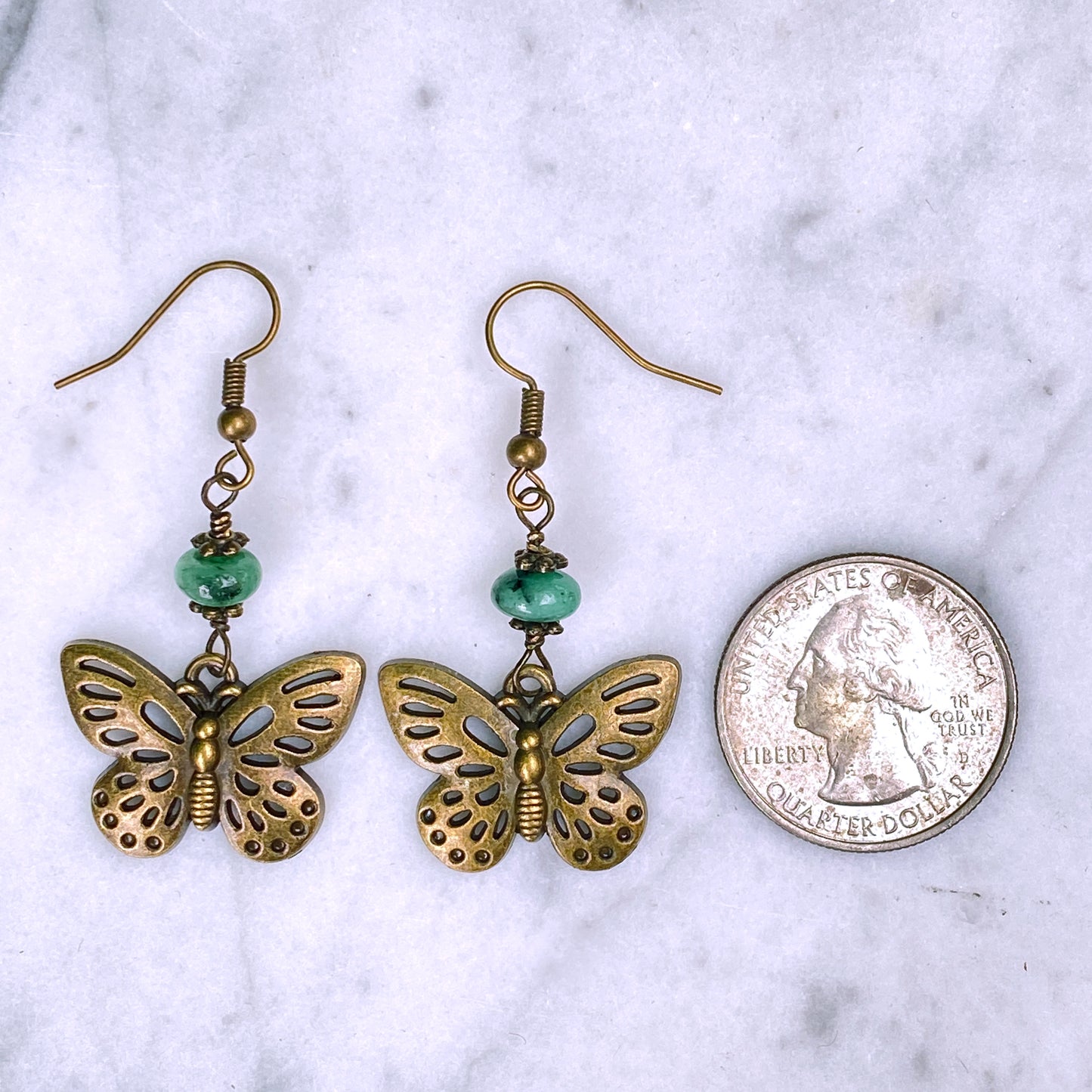 Emerald and Brass Butterfly Dangle Earrings