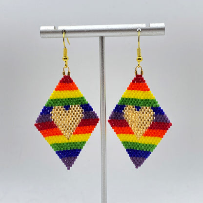 Beaded Glass Heart Pride Rainbow Earrings
