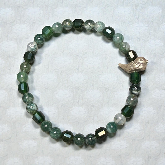 Moss Agate Gemstone and bird bracelet