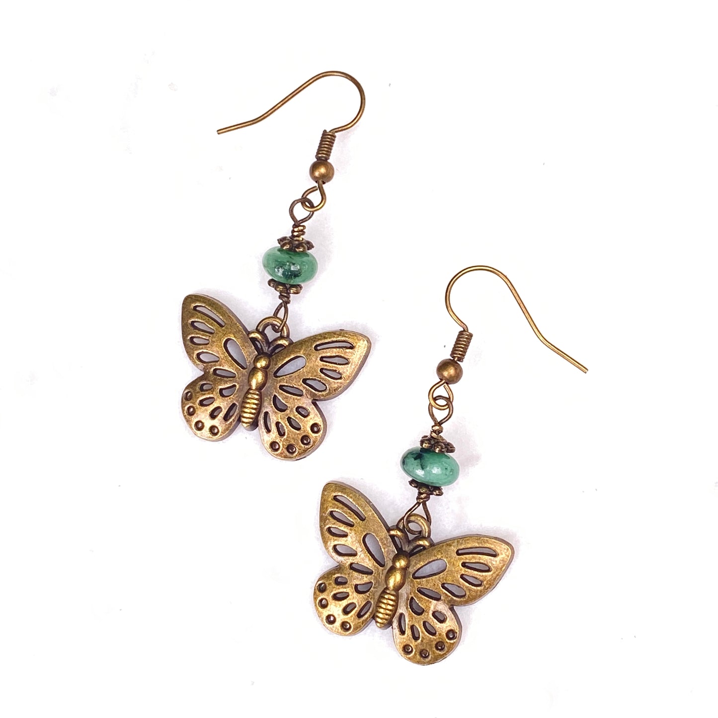 Emerald and Brass Butterfly Dangle Earrings