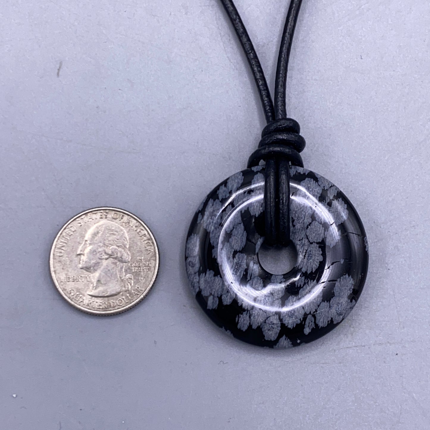 Sbowflake Obsidian Gemstone Donut and Leather Necklace