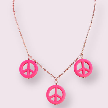 Pink Howlite Peace Sign Copper Necklace