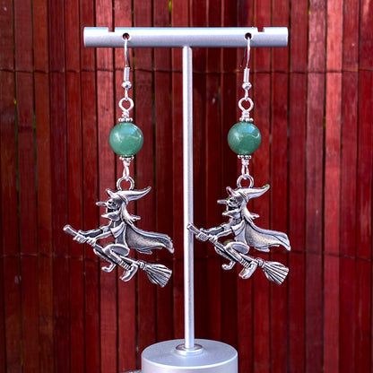 Halloween Witch and Green Aventurine Dangle Earrings