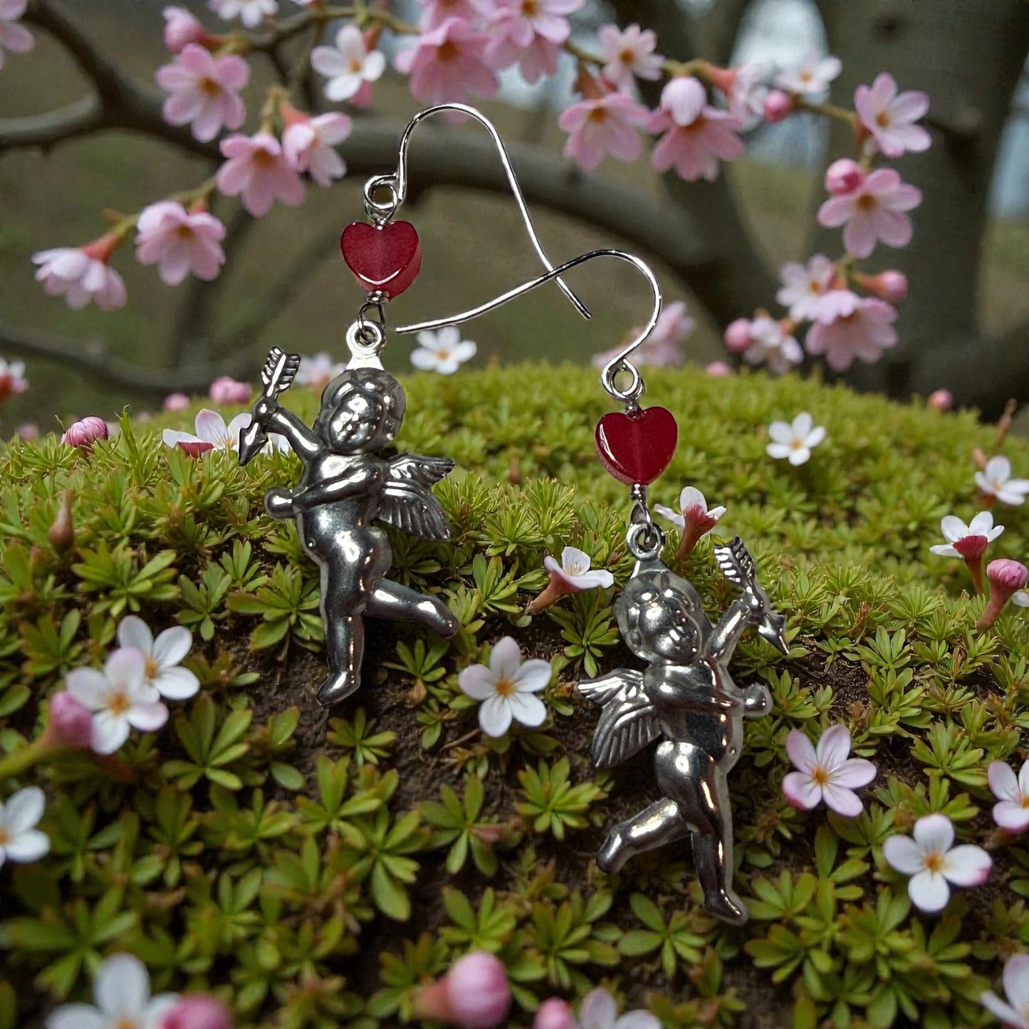 Cupid and Red Jade Heart Earrings