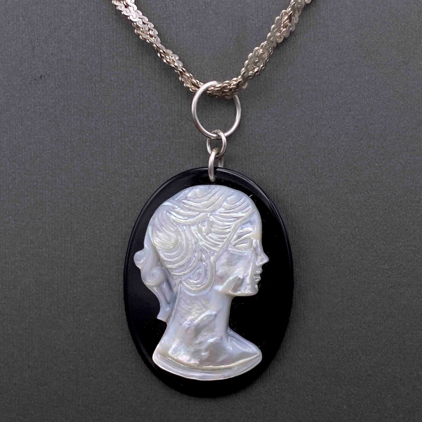 Onyx and Mother of Pearl Cameo on Repurposed Vintage Silver Chain