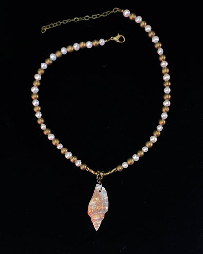 Pearl and Brass with Shell Pendant Necklace