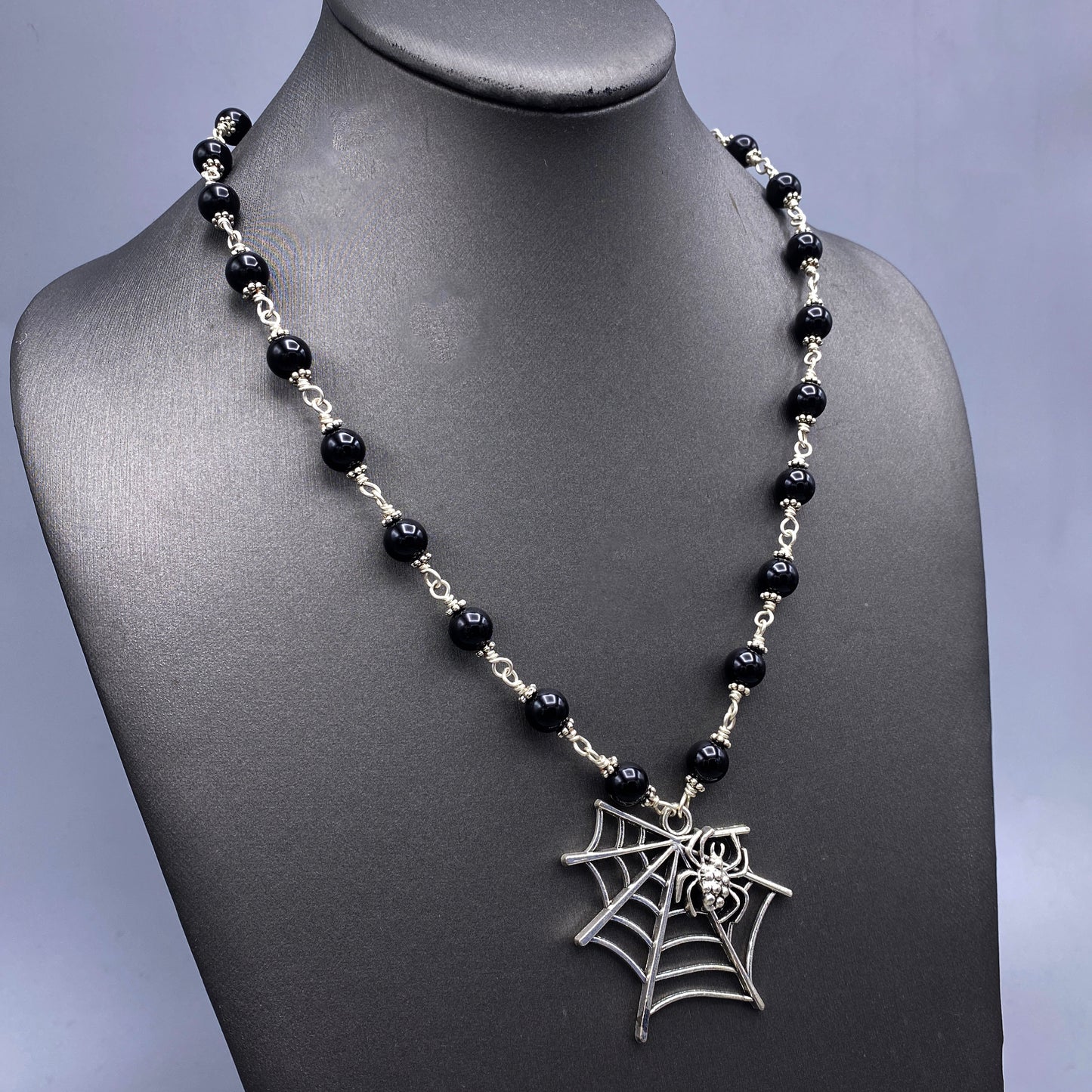 Onyx gemstone and Spider Web pendant Necklace