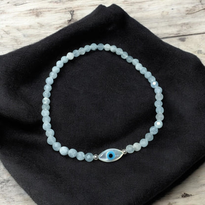 Dainty Aquamarine and Evil Eye Bracelet