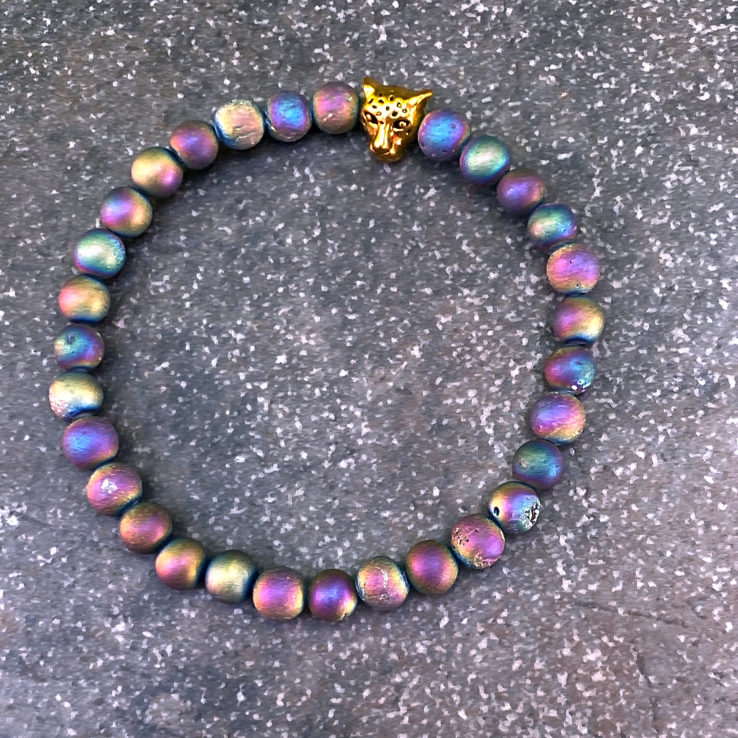 Druzy Agate gemstone and Leopard Beaded Stretch Bracelet