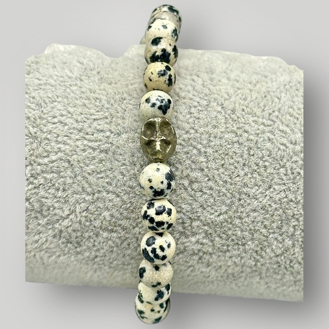 Dalmatian Jasper and Pyrite Skull Beaded Bracelet