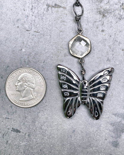 Hematite Butterfly and Quartz gemstone on sterling silver chain necklace