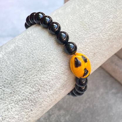 Pumpkin and Onyx gemstone Stretch Bracelet