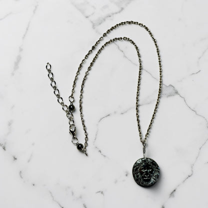 Hematite Lion Pendant on Patina copper chain Necklace