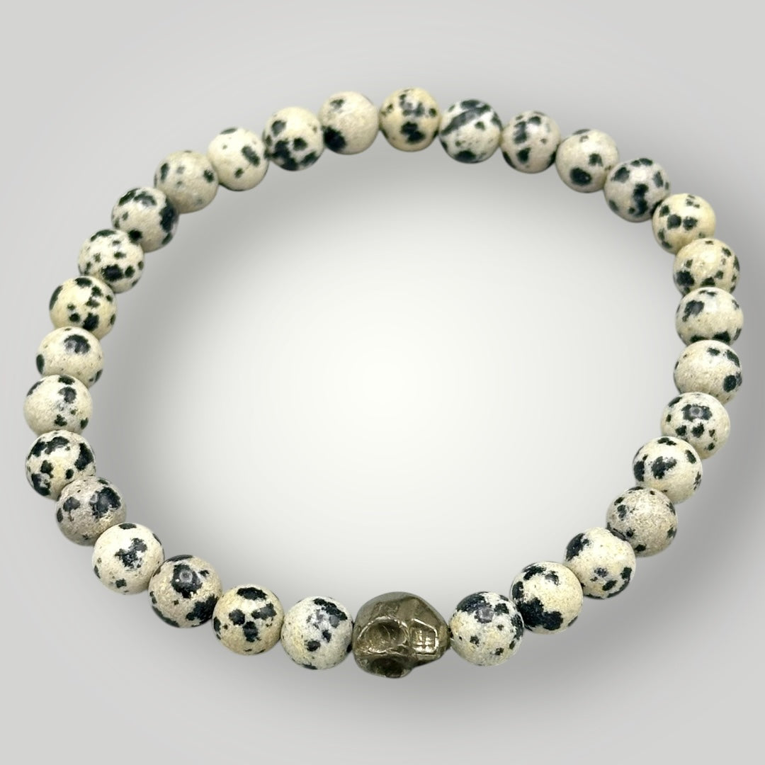 Dalmatian Jasper and Pyrite Skull Beaded Bracelet