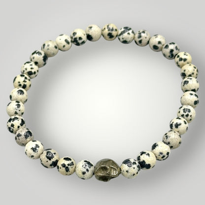 Dalmatian Jasper and Pyrite Skull Beaded Bracelet