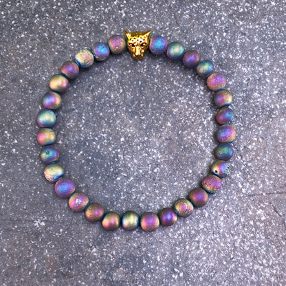 Druzy Agate gemstone and Leopard Beaded Stretch Bracelet