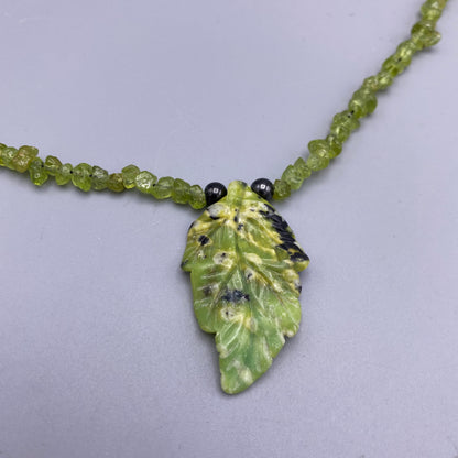 Chrysoprase gemstone carved Leaf with Peridot gemstone Beaded Necklace