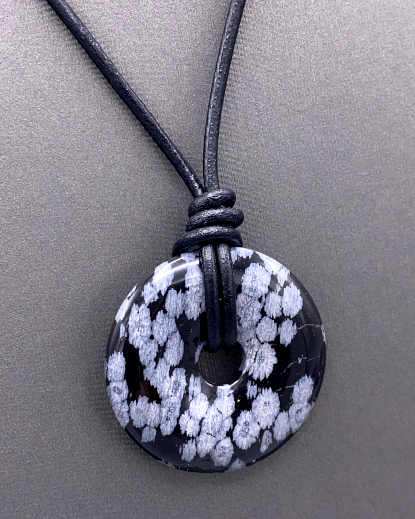 Sbowflake Obsidian Gemstone Donut and Leather Necklace