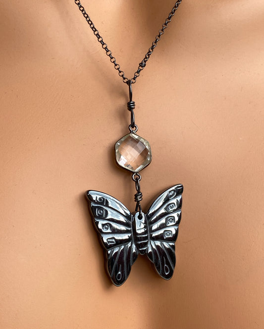 Hematite Butterfly and Quartz gemstone on sterling silver chain necklace