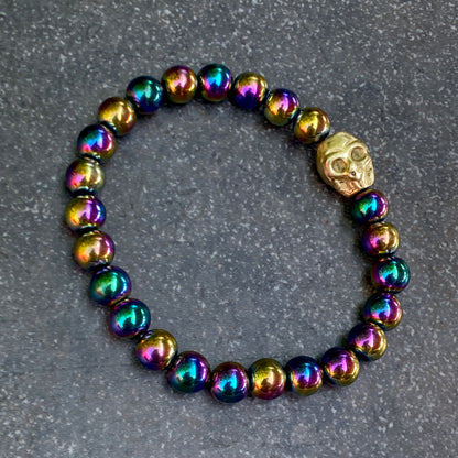 Rainbow Hematite gemstone Skull Bracelet