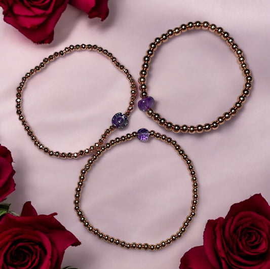 Dainty Amethyst Flower and  Rose Hematite Bracelet Stack