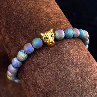 Druzy Agate gemstone and Leopard Beaded Stretch Bracelet