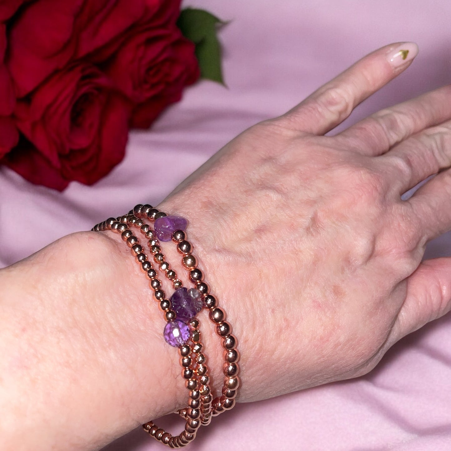Dainty Amethyst Flower and  Rose Hematite Bracelet Stack