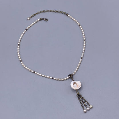 Shell Pendant Tassel on Pearl Beaded Necklace