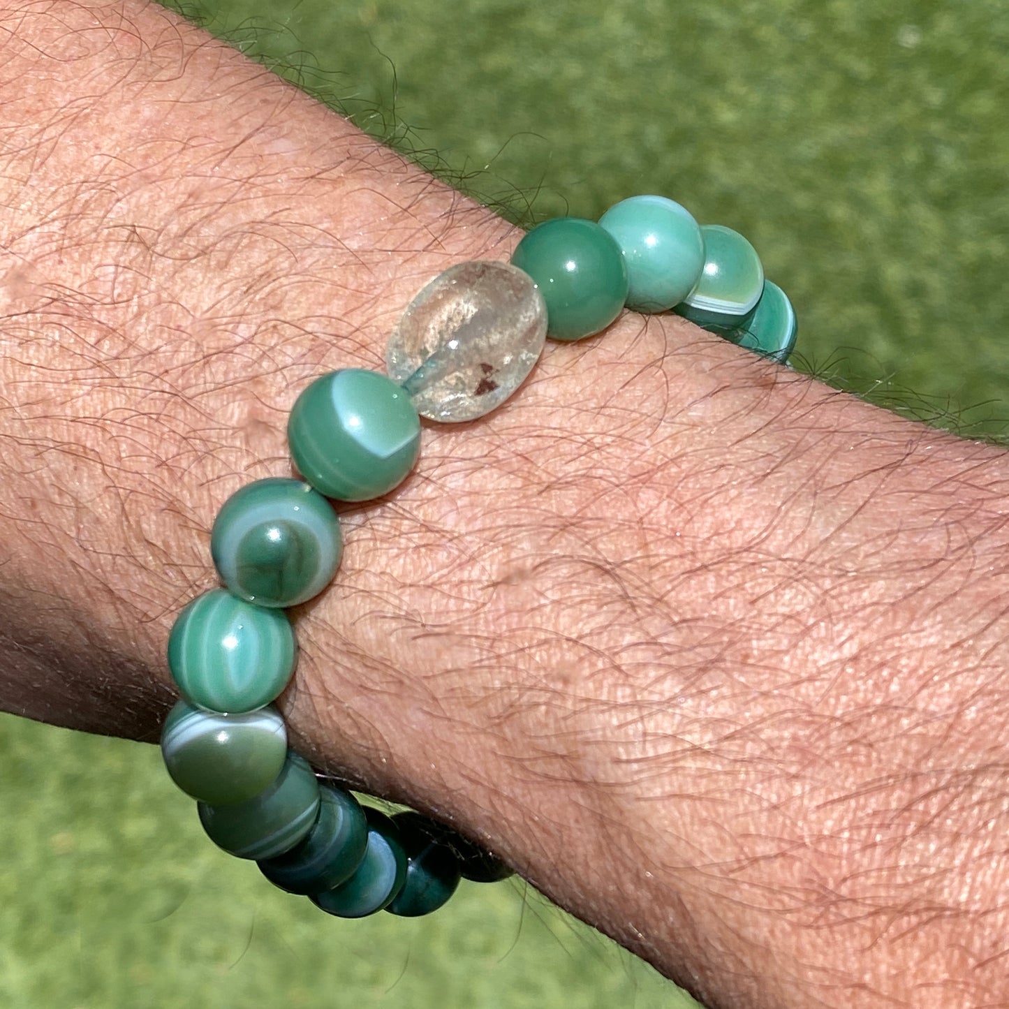 Green Banded Agate and Ghost Quartz Beaded Bracelet