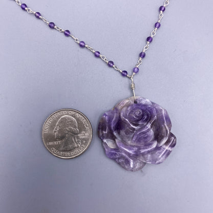 Amethyst Rose Pendant on Beaded Chain