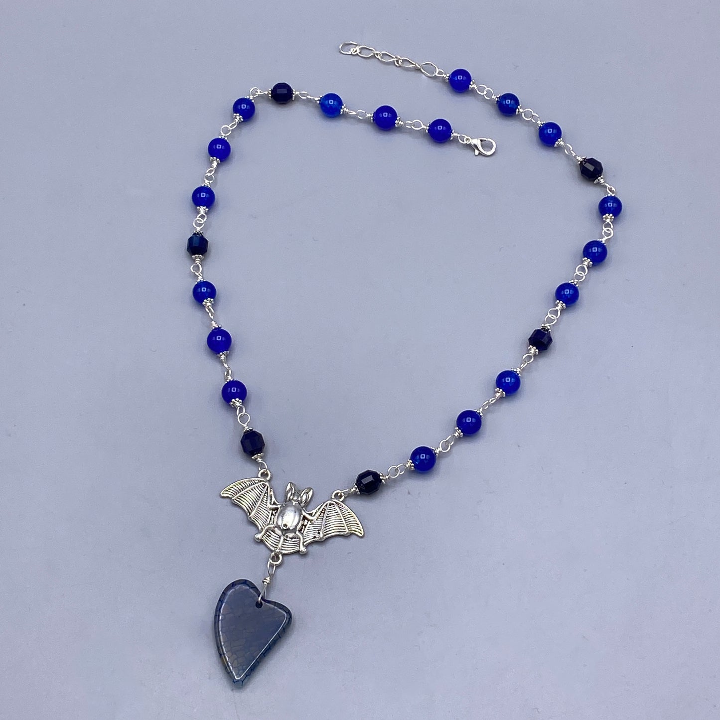 Blue Agate gemstone crystals bat pendant Halloween Necklace