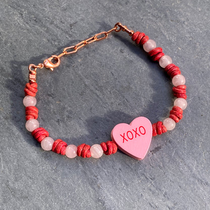 Rose Quartz Sweetheart Bracelet “XOXO”