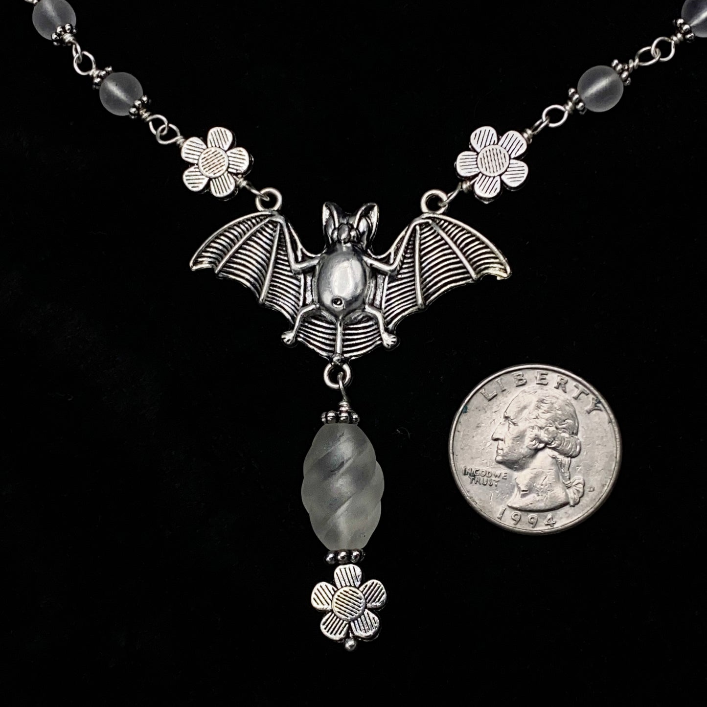 Clear Quartz gemstone crystals bat pendant Halloween Necklace