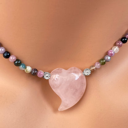 Rose Quartz Heart with Mixed Tourmaline