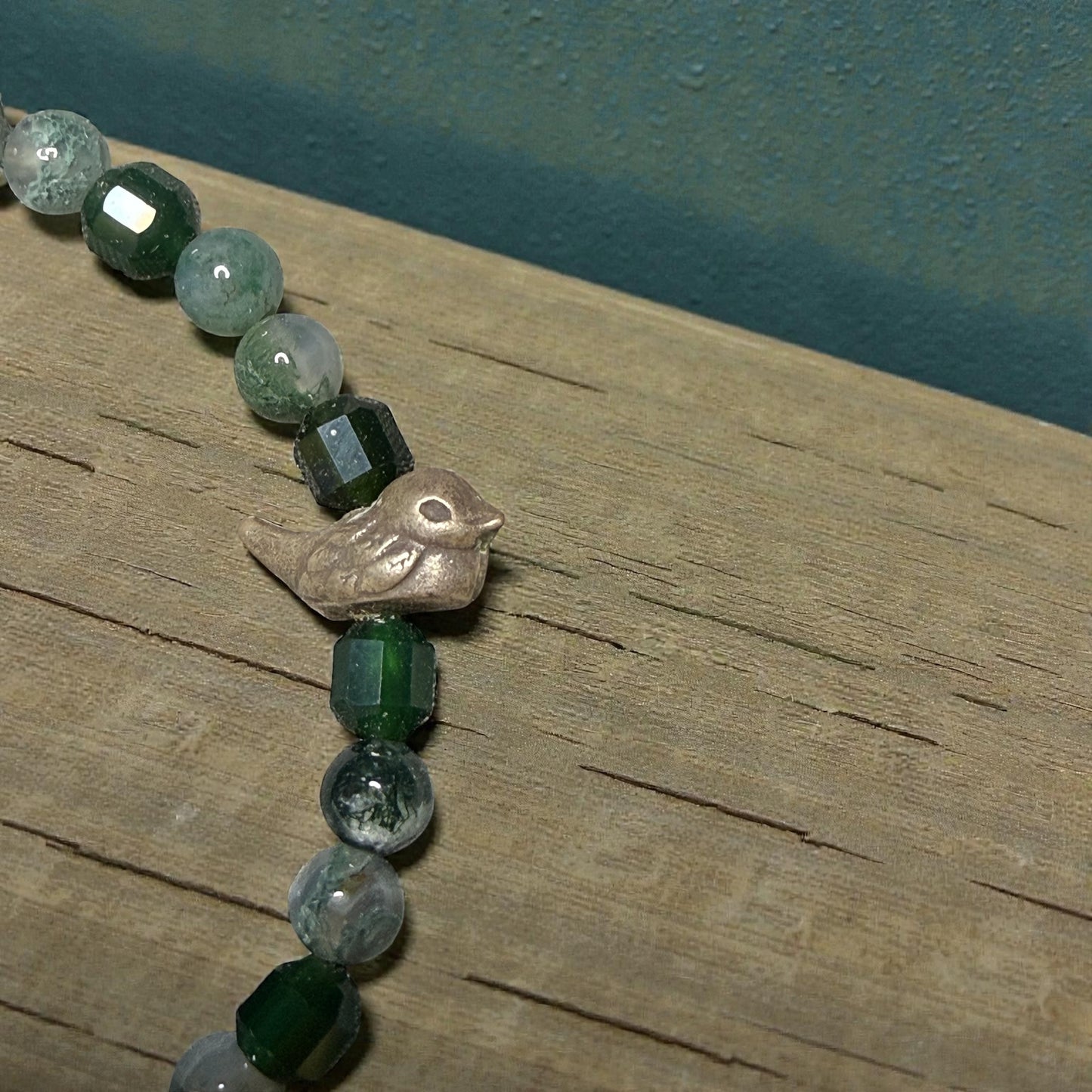 Moss Agate Gemstone and bird bracelet