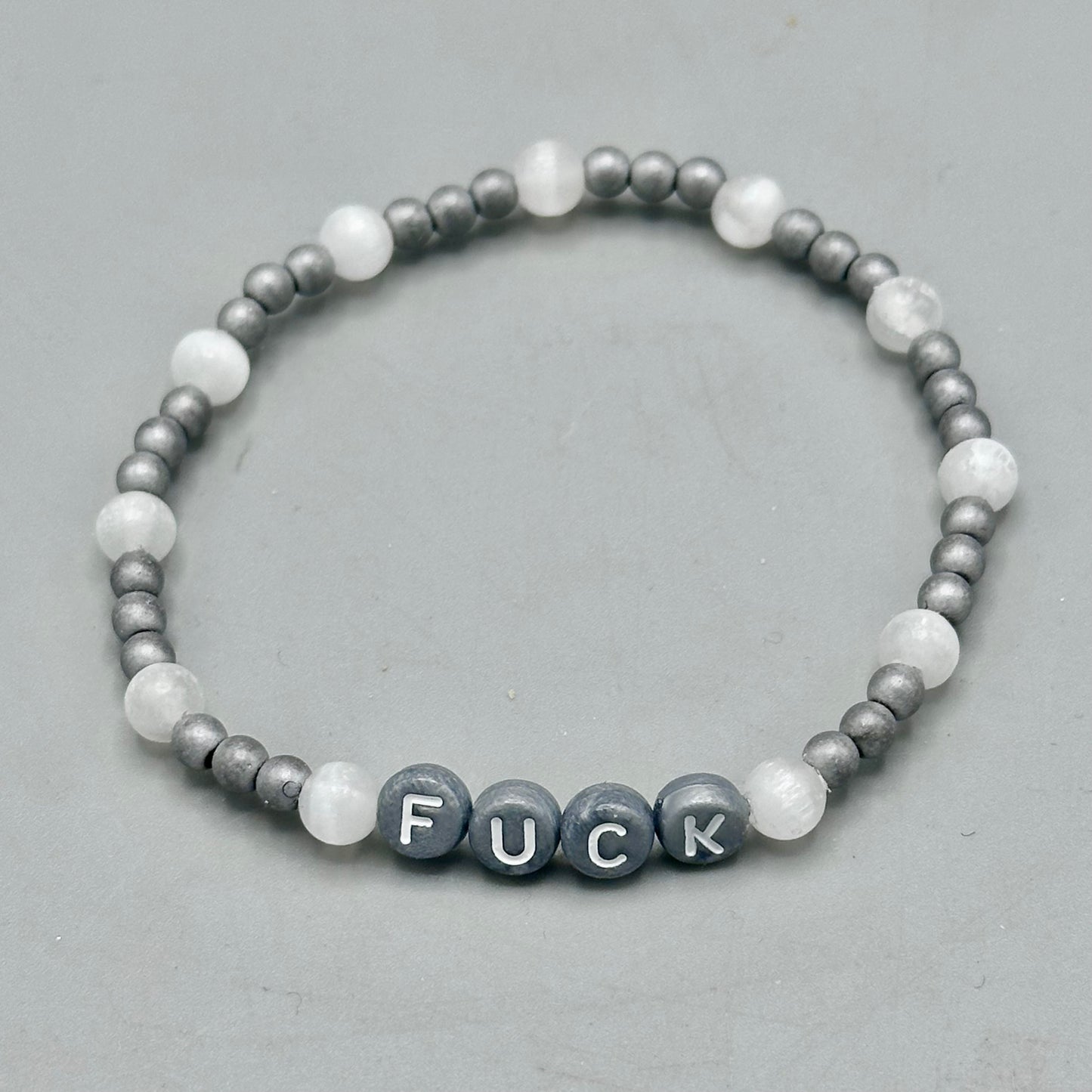 Hematite and Selenite “Fuck” Bracelet