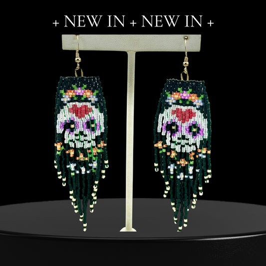 Glass Beaded Sugar Skull Fringe earrings