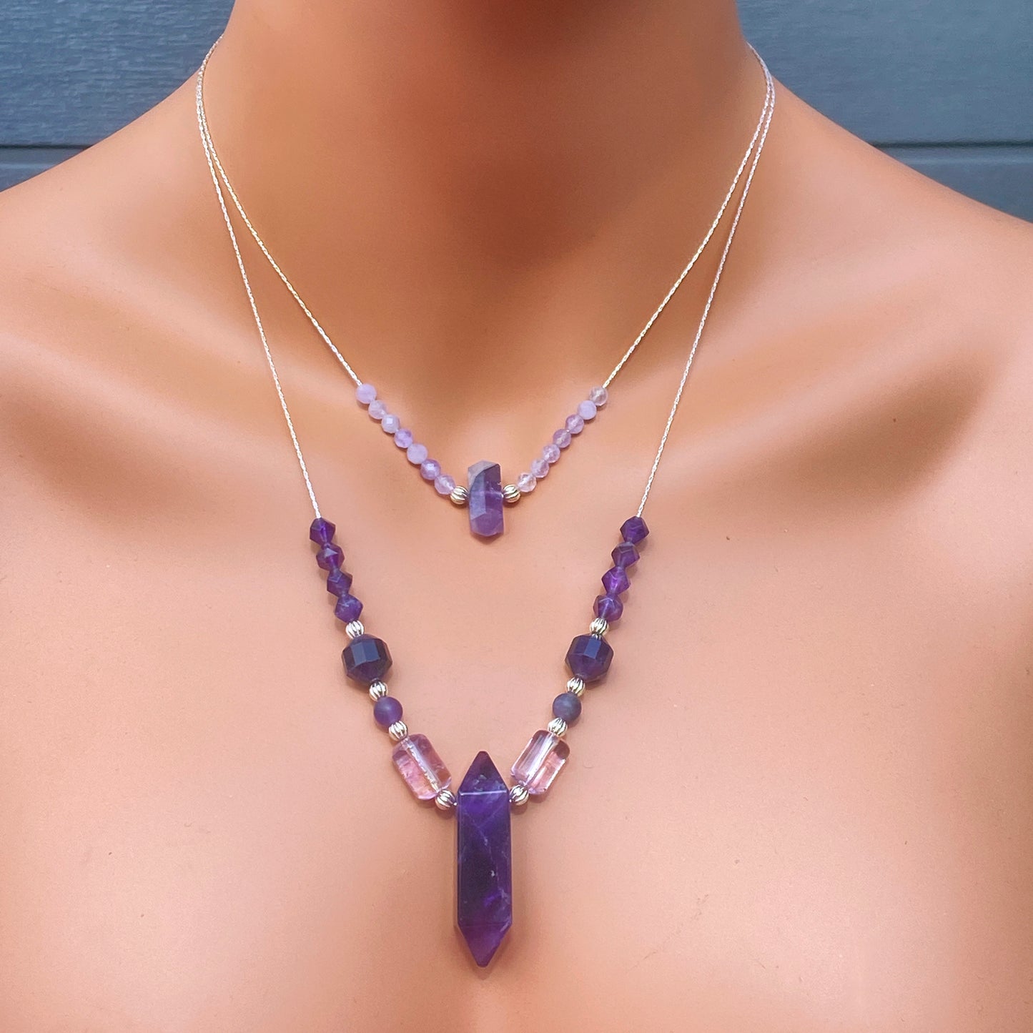 Amazing Layered Amethyst gemstone Necklace with sterling silver.