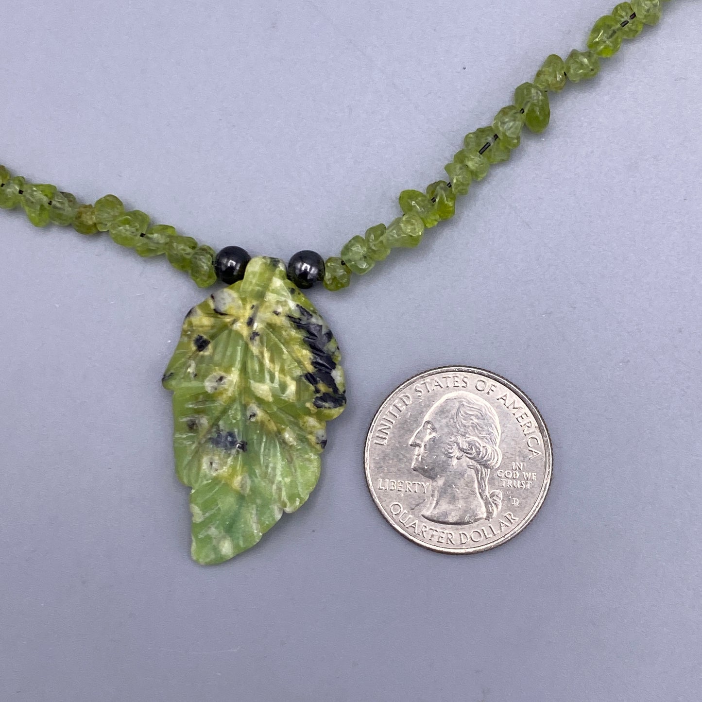 Chrysoprase gemstone carved Leaf with Peridot gemstone Beaded Necklace