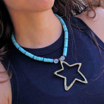 Turquoise and Blue Topaz Brass Star pendant Necklace