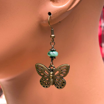 Emerald and Brass Butterfly Dangle Earrings