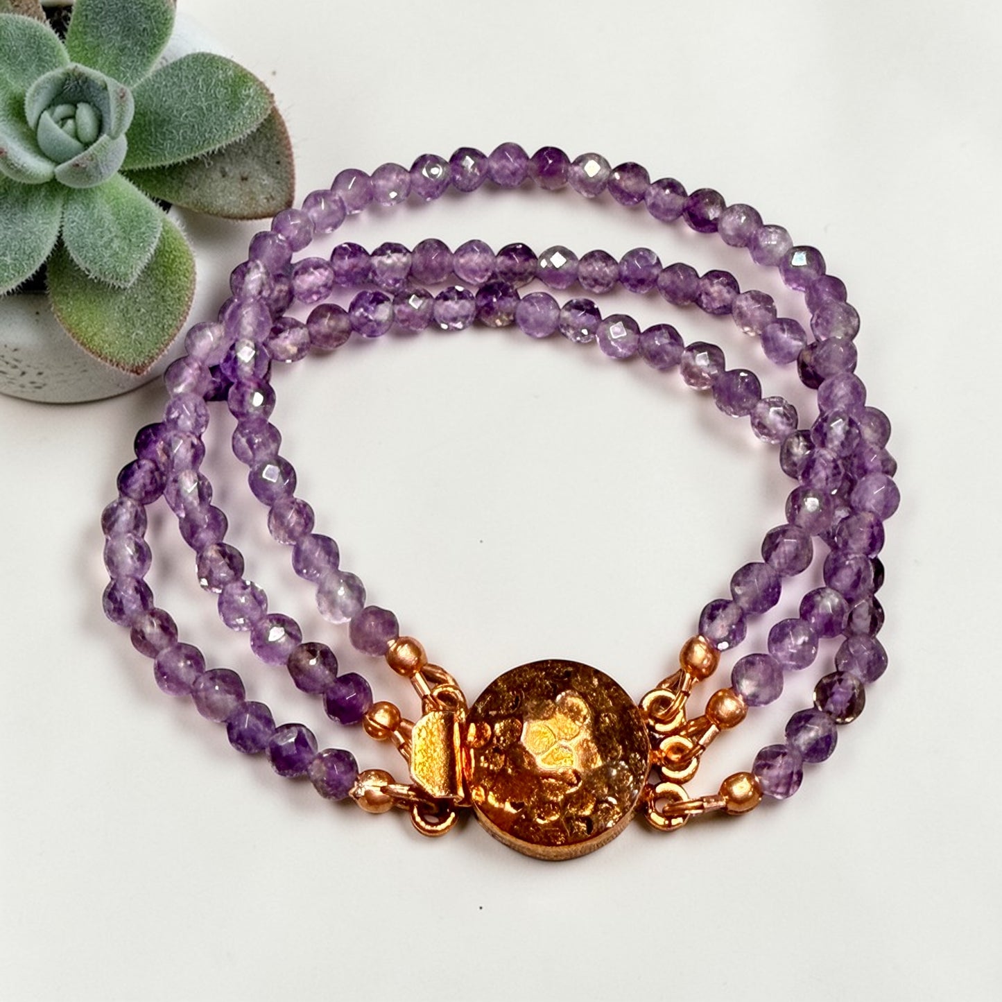 Amethyst Three Strand and Copper Bracelet
